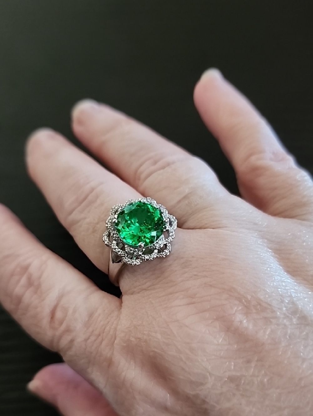 Emerald Green Halo Cocktail Ring - Women's Silver Tone